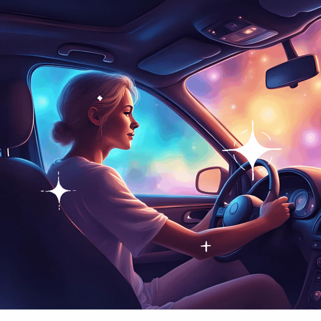 a person sits behind the driver wheel in a car smiling looking into a large rear mirror that reflects the colors of the chakra
