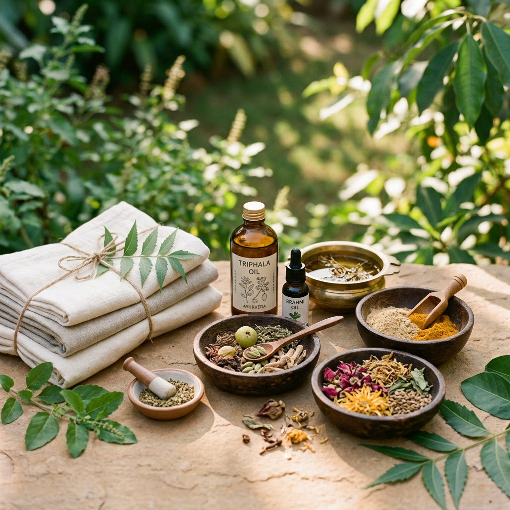 Ayurvedic oils, herbs, spices, bowls, and folded towels on a table